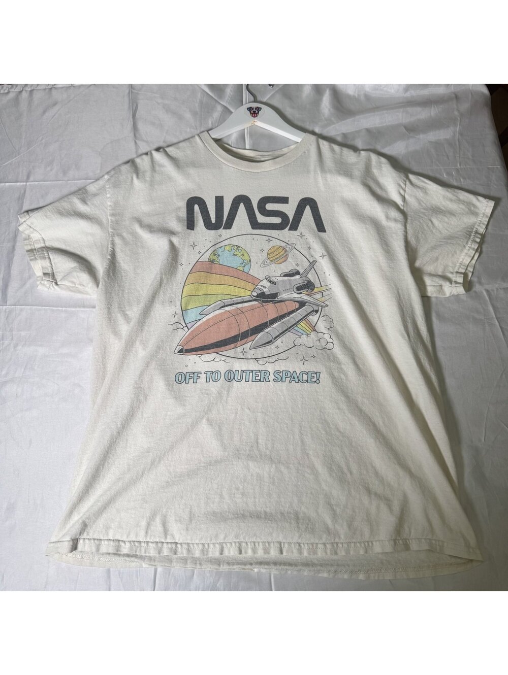 NASA Off To Outer Space Pastel Graphic Tee Cream Size L Vinyl Icons - Picture 3 of 8